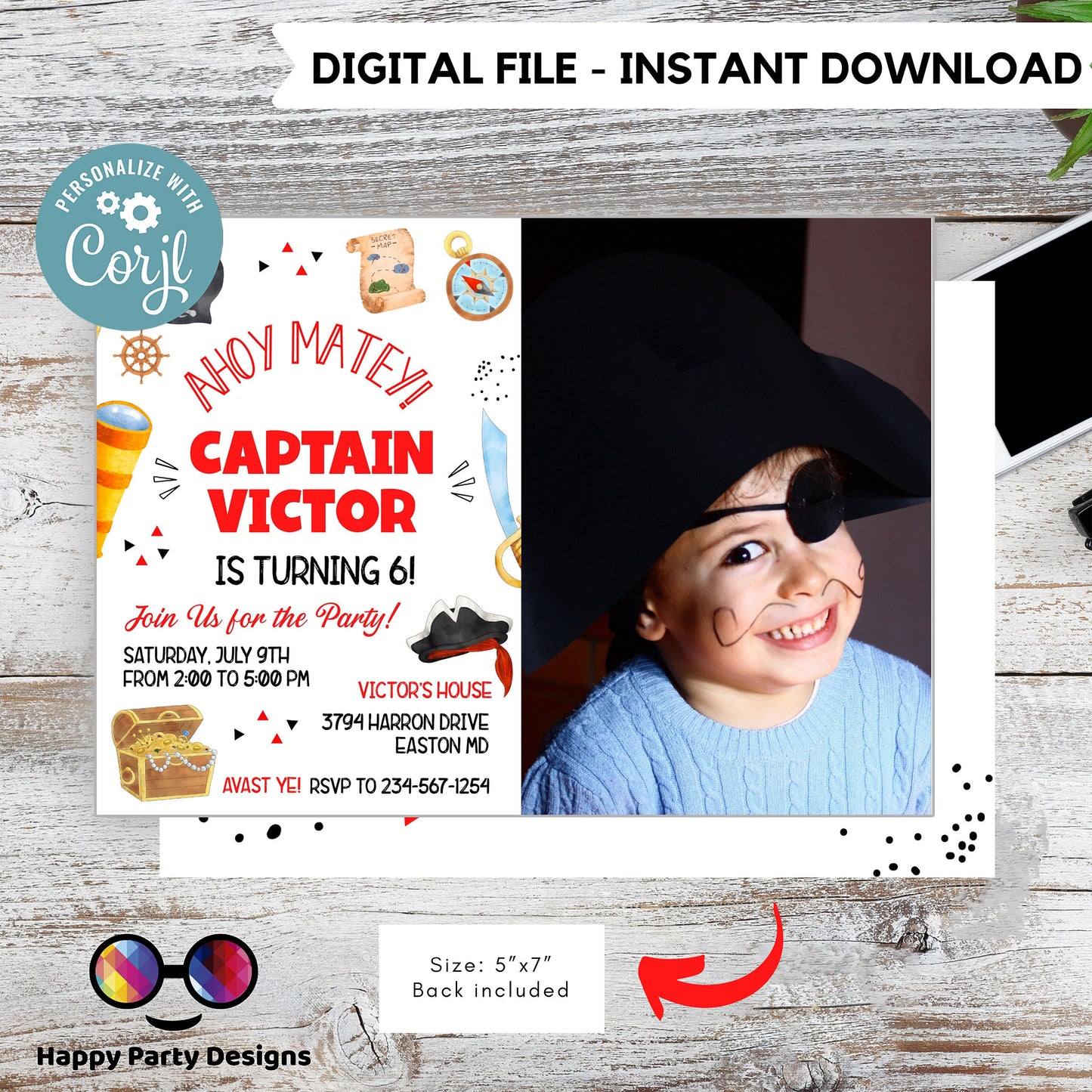 Pirate Invitation with picture | Pirate Birthday Party | Pirate Invite | Pirate Ship Party Invite | boy birthday | any age  #K108