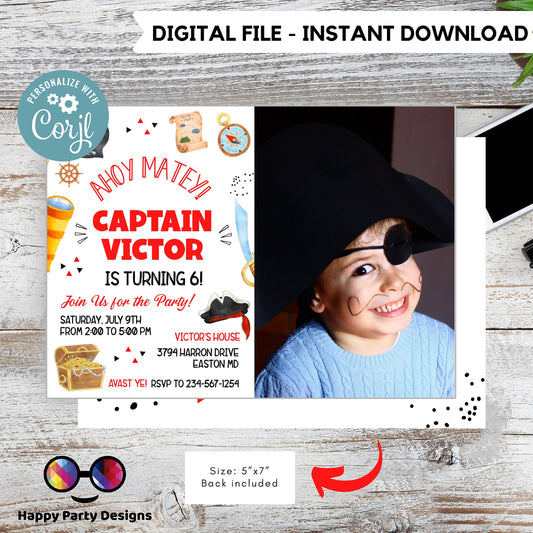 Pirate Invitation with picture | Pirate Birthday Party | Pirate Invite | Pirate Ship Party Invite | boy birthday | any age  #K108