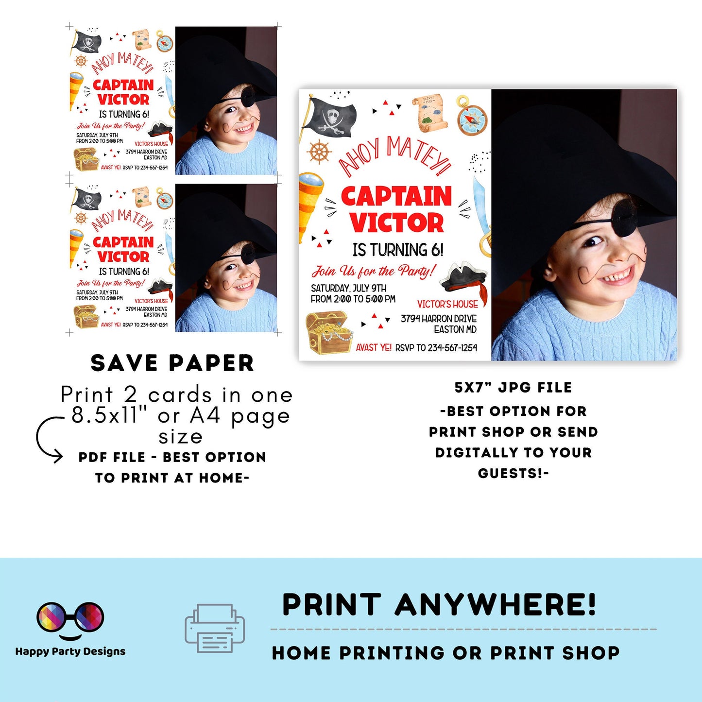 Pirate Invitation with picture | Pirate Birthday Party | Pirate Invite | Pirate Ship Party Invite | boy birthday | any age  #K108