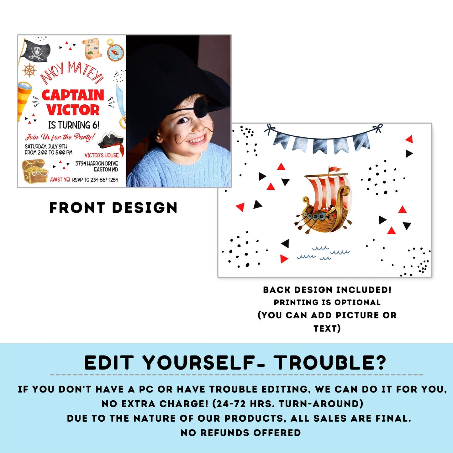 Pirate Invitation with picture | Pirate Birthday Party | Pirate Invite | Pirate Ship Party Invite | boy birthday | any age  #K108