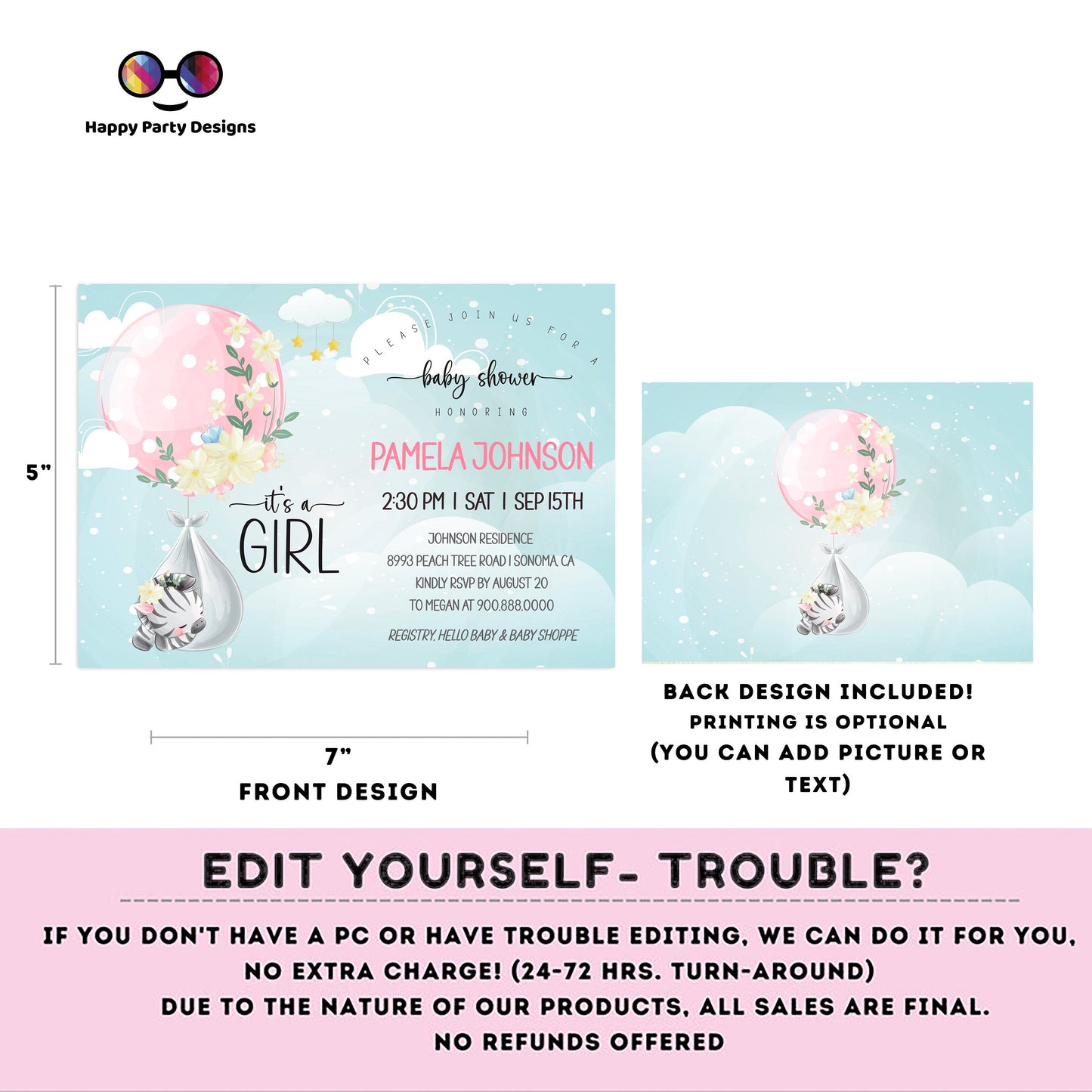 EDITABLE Baby zebra shower invitation bundle | diaper raffle, books for baby, thank you tag, thank you card | safari baby girl | #B24