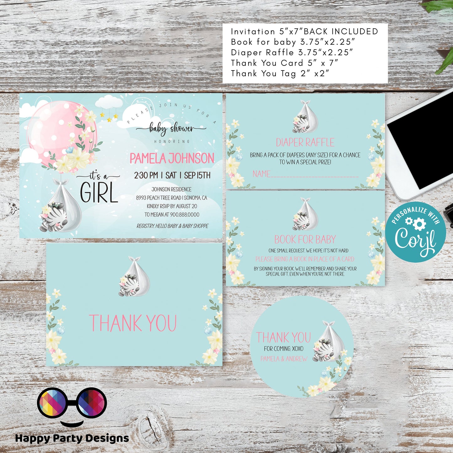 EDITABLE Baby zebra shower invitation bundle | diaper raffle, books for baby, thank you tag, thank you card | safari baby girl | #B24