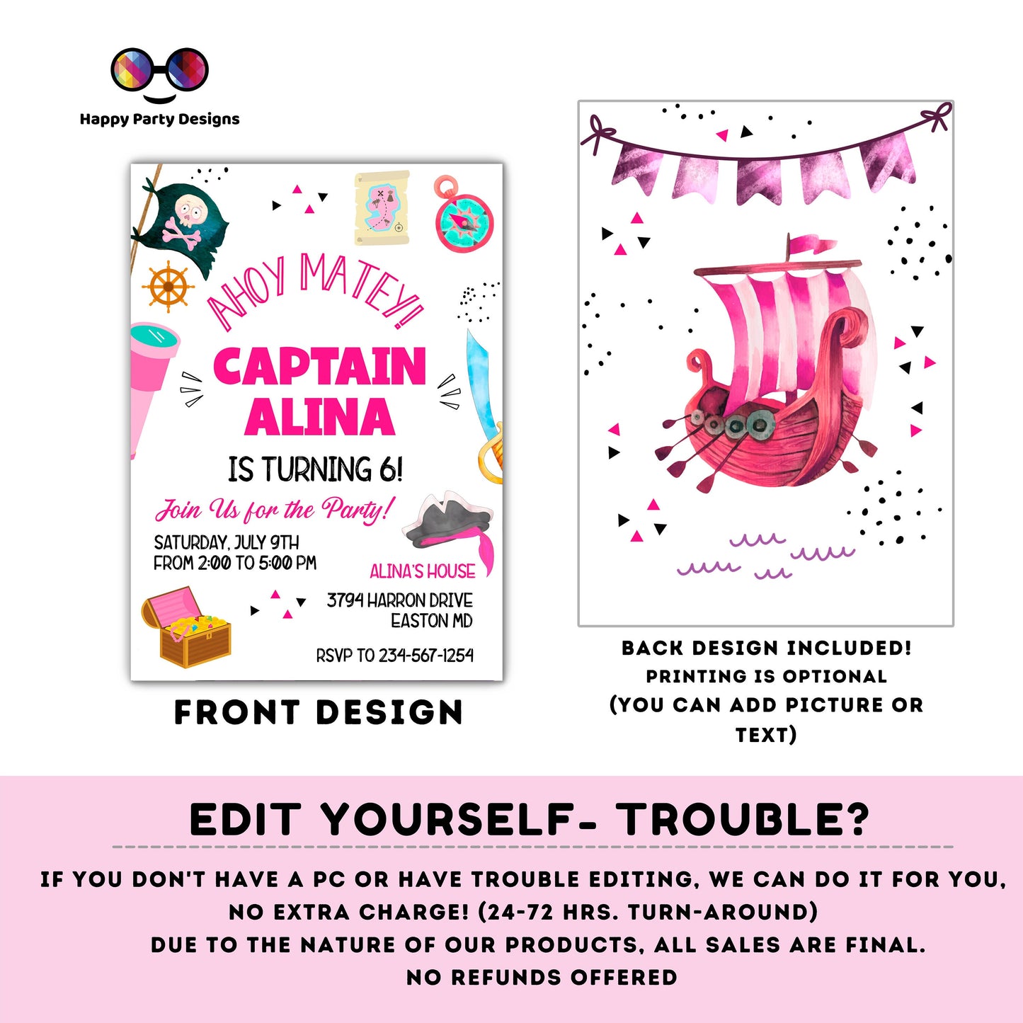 Pirate Invitation | Pirate Birthday Party | Pirate Invite | Pirate Ship Party Invite | girl birthday | any age | editable on line #K108