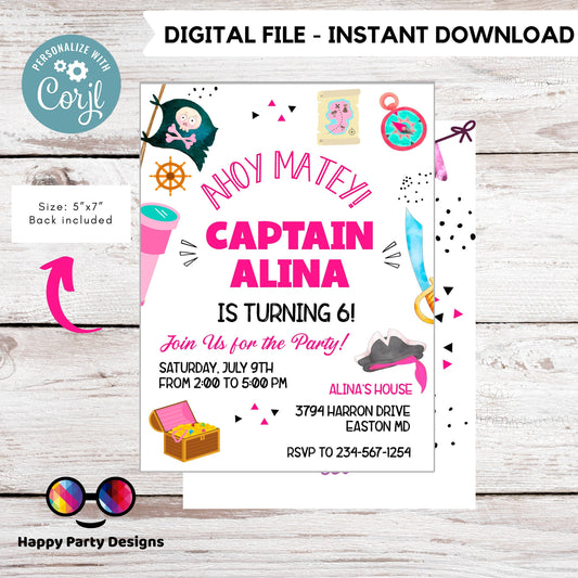 Pirate Invitation | Pirate Birthday Party | Pirate Invite | Pirate Ship Party Invite | girl birthday | any age | editable on line #K108