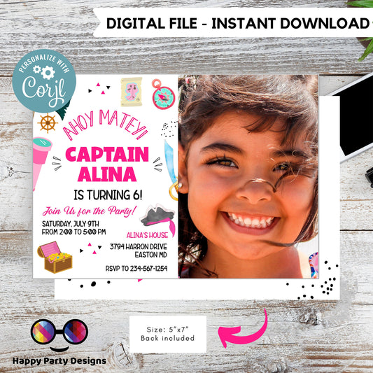 Pirate Invitation with picture | Pirate Birthday Party | Pirate Invite | girl birthday | any age | editable on line #K108