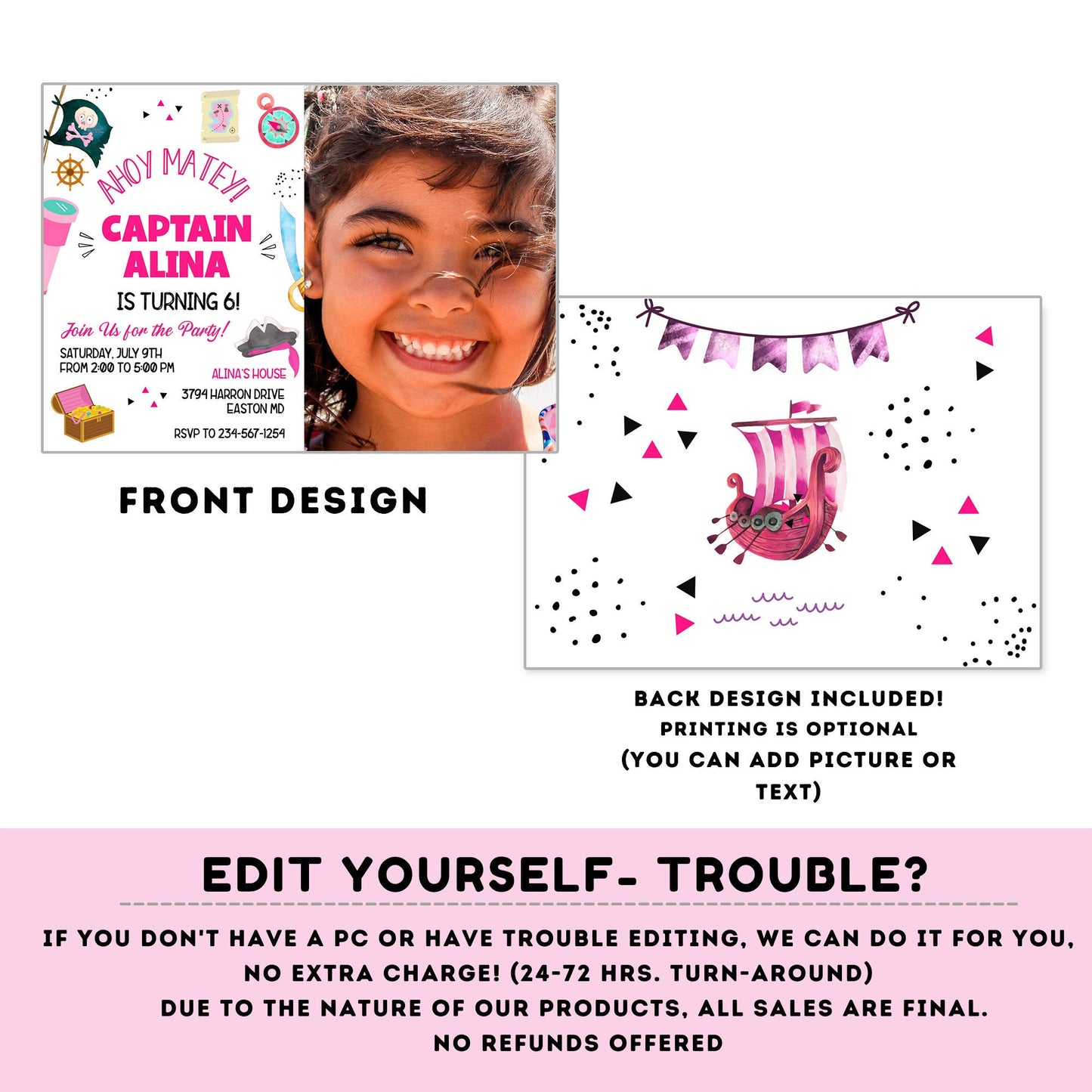 Pirate Invitation with picture | Pirate Birthday Party | Pirate Invite | girl birthday | any age | editable on line #K108