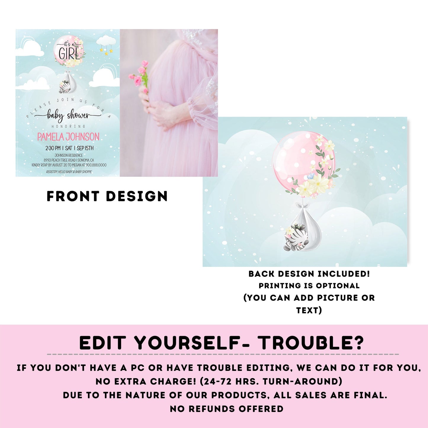 EDITABLE Baby zebra shower photoinvitation | Zebra Invitation | Baby Shower | Instant Download | Baby girl | Safari baby shower #B24