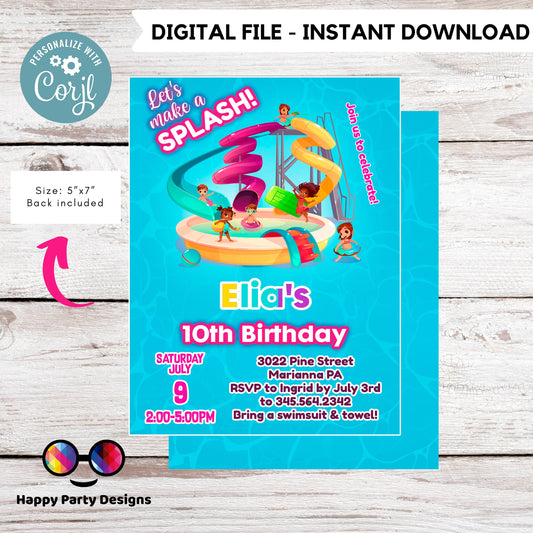 editable water park birthday invitation template | let's make a splash girl waterpark party invite Pool party Invitation | | Summer #K109
