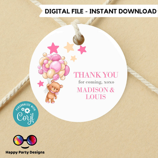 Editable teddy bear baby shower Favor Tags | teddy bear shower Thank you tags | Baby shower girl | thank you tag Template | gift tag #B21