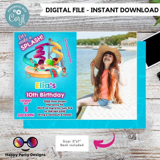 editable water park birthday invitation template with photo | let's make a splash girl waterpark Pool party Invitation | | Summer #K109