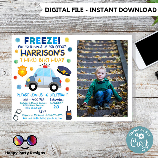 editable police birthday invitation with photo template | Police invite  | Police Invitations  | Instant Download  #K111