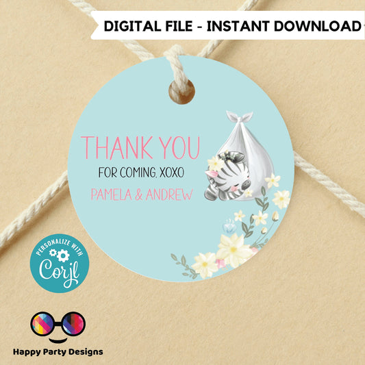 Editable zebra baby shower Favor Tags | zebra shower Thank you tags | safari Baby shower Gift Tags | thank you tag Template | gift tag #B24
