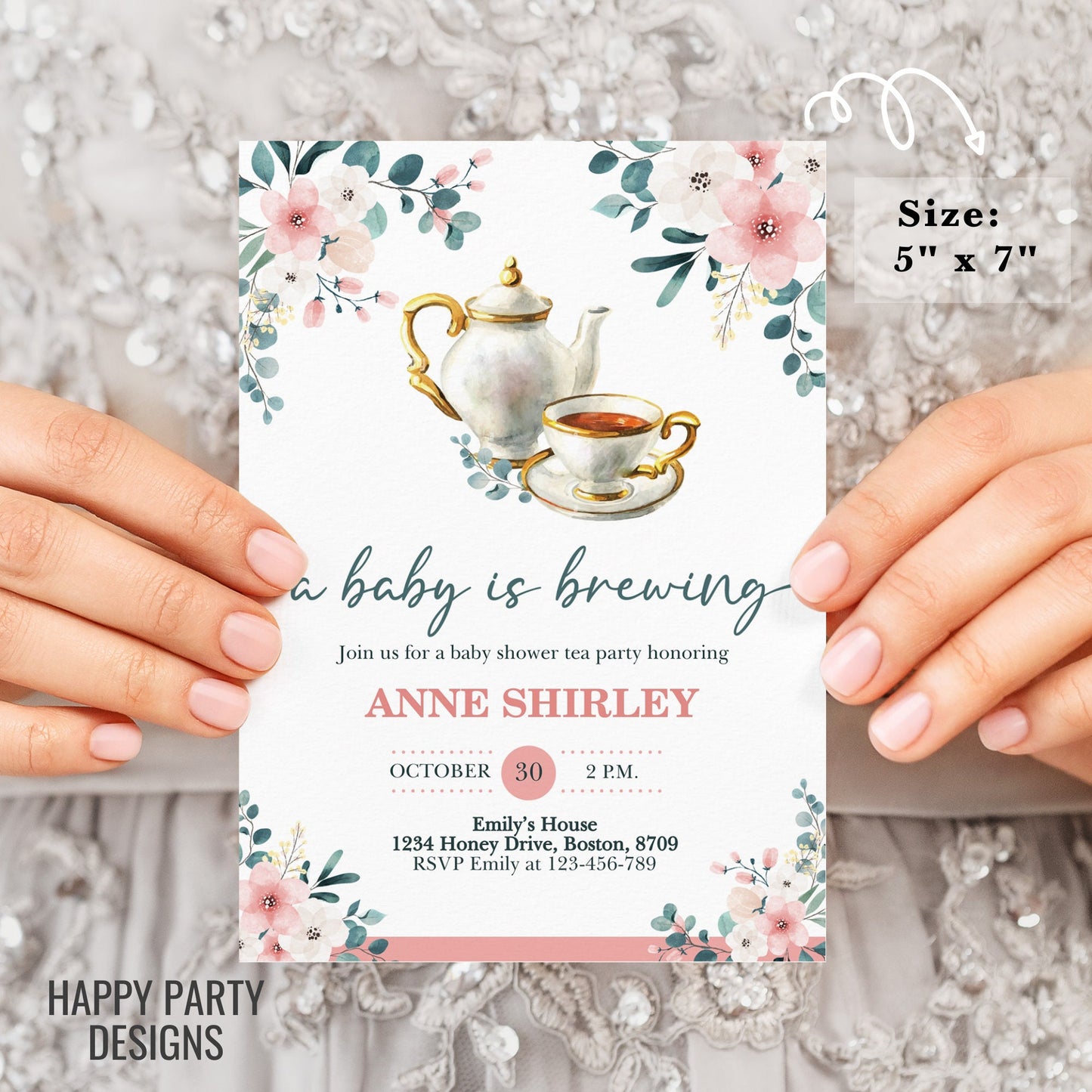 Tea Party Baby Shower Invitation | A Baby Is Brewing Baby Shower Invite | Teapot Baby Shower Invitation | greenery baby shower #B30