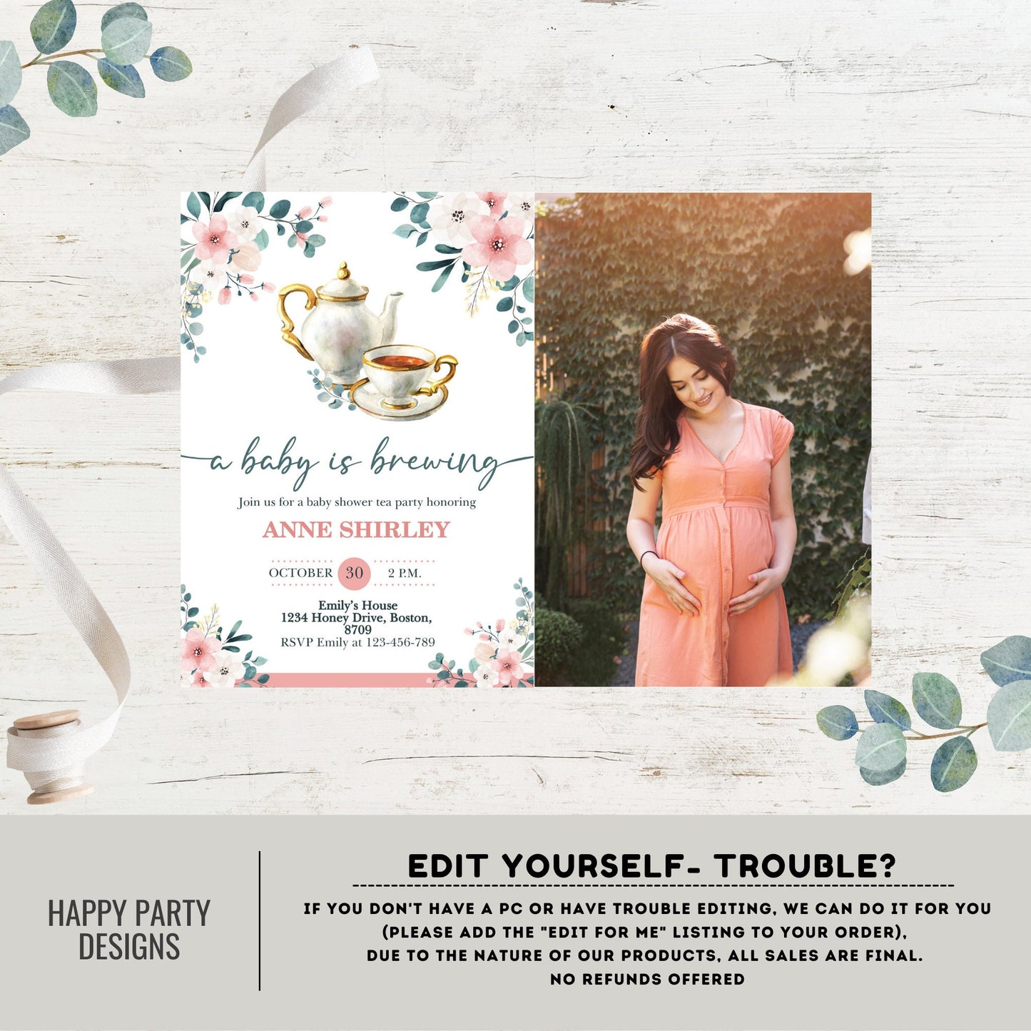 Tea Party Baby Shower Invitation with picture | A Baby Is Brewing Baby Shower Invite | Teapot Baby Shower | greenery baby shower #B30