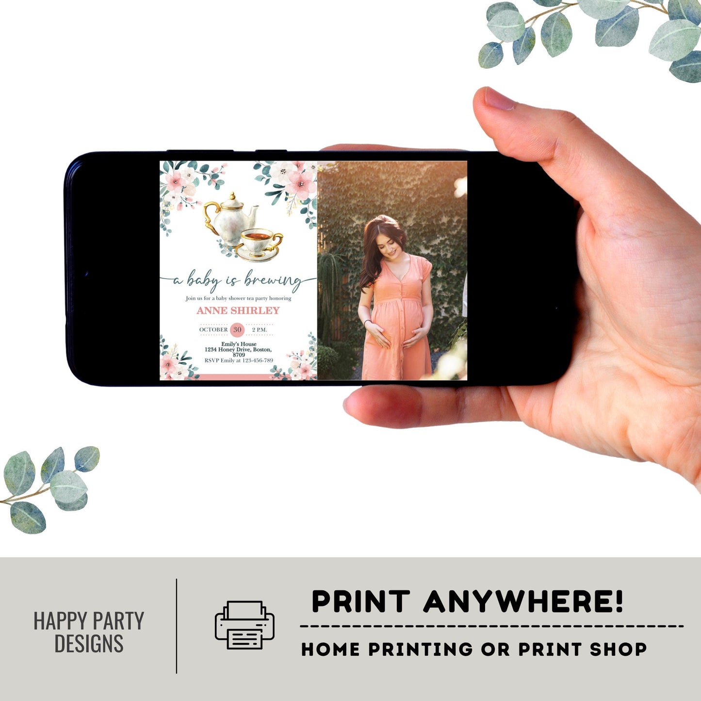 Tea Party Baby Shower Invitation with picture | A Baby Is Brewing Baby Shower Invite | Teapot Baby Shower | greenery baby shower #B30