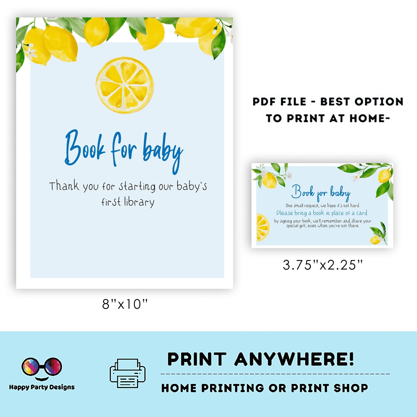 Books for baby Sign | Instant download | book for baby card | book request | baby Boy | baby shower Sign | summer | lemon baby shower #B9