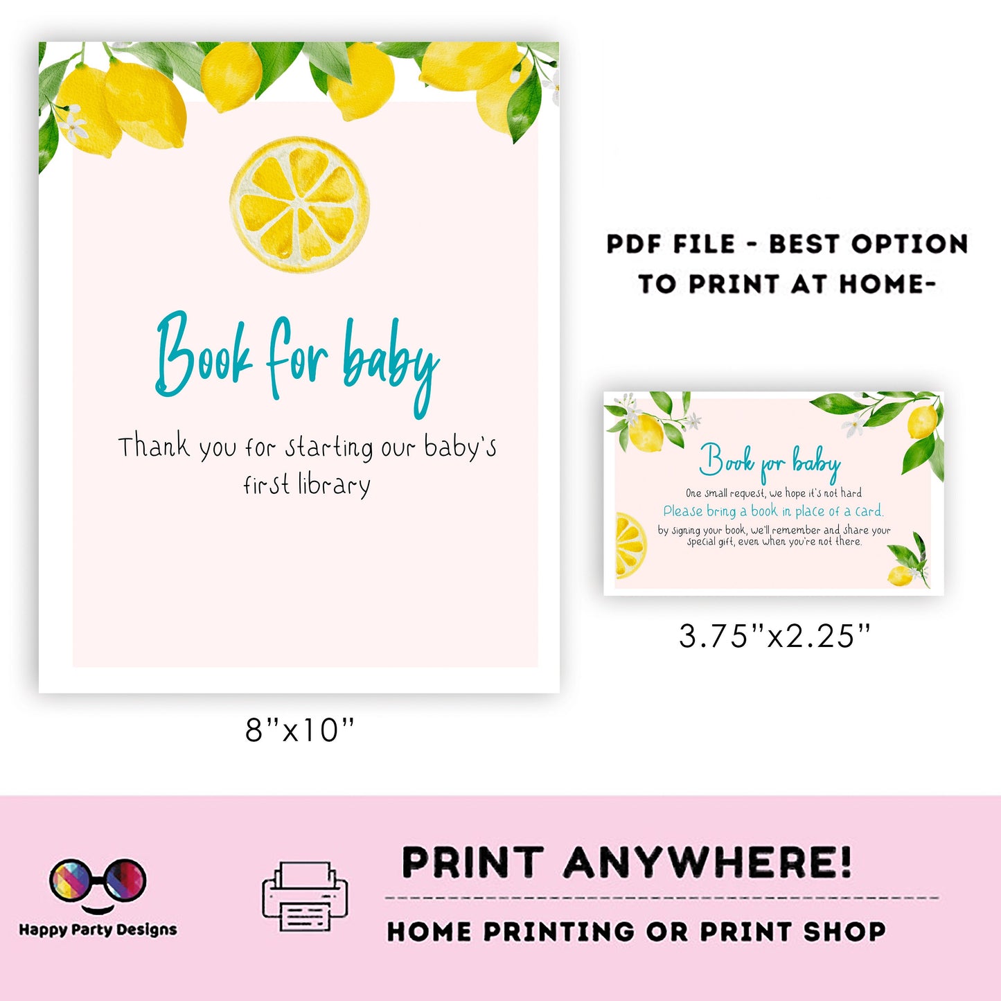 Books for baby Sign | Instant download | book for baby card | book request | baby girl | baby shower Sign | summer | lemon baby shower #B8