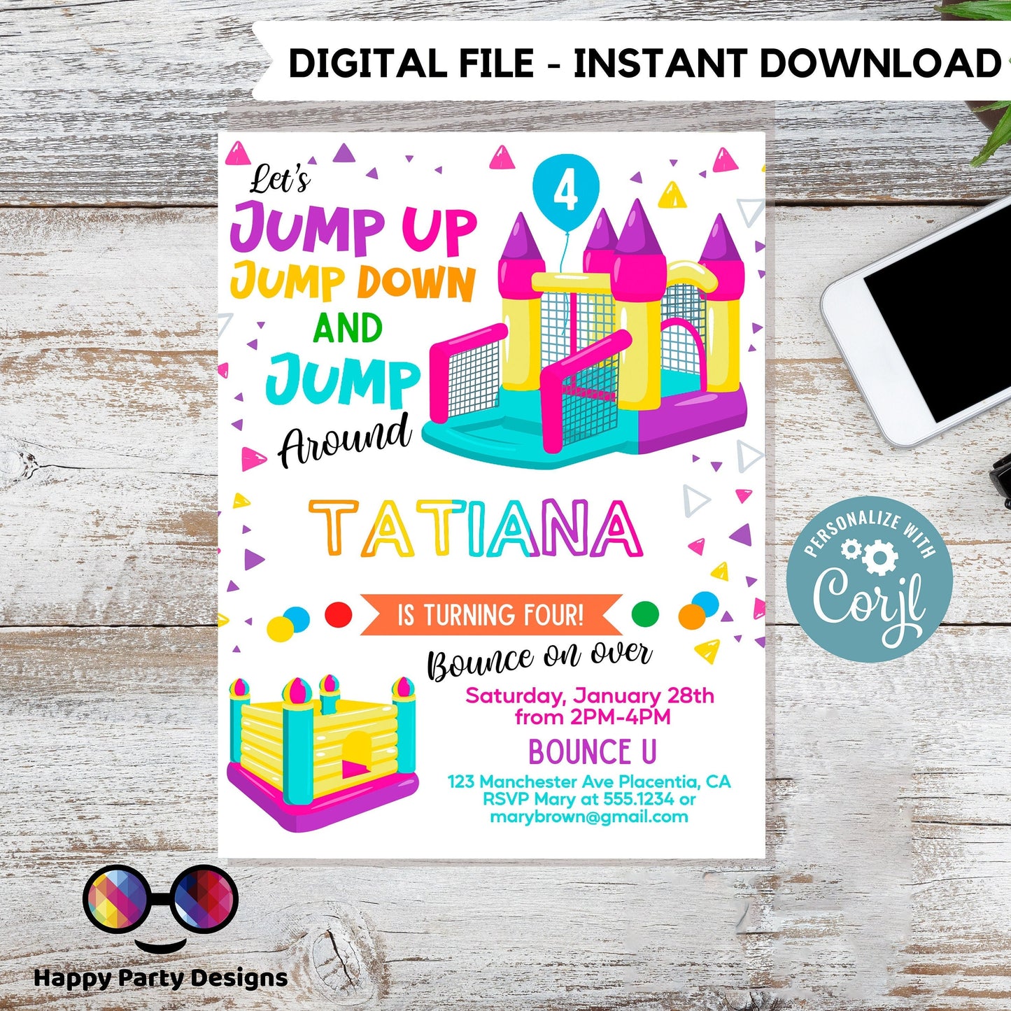 Editable Bounce House invitation | Digital Bounce House invite | Birthday Girl | Birthday Party Invitation | Personalize Online #K86