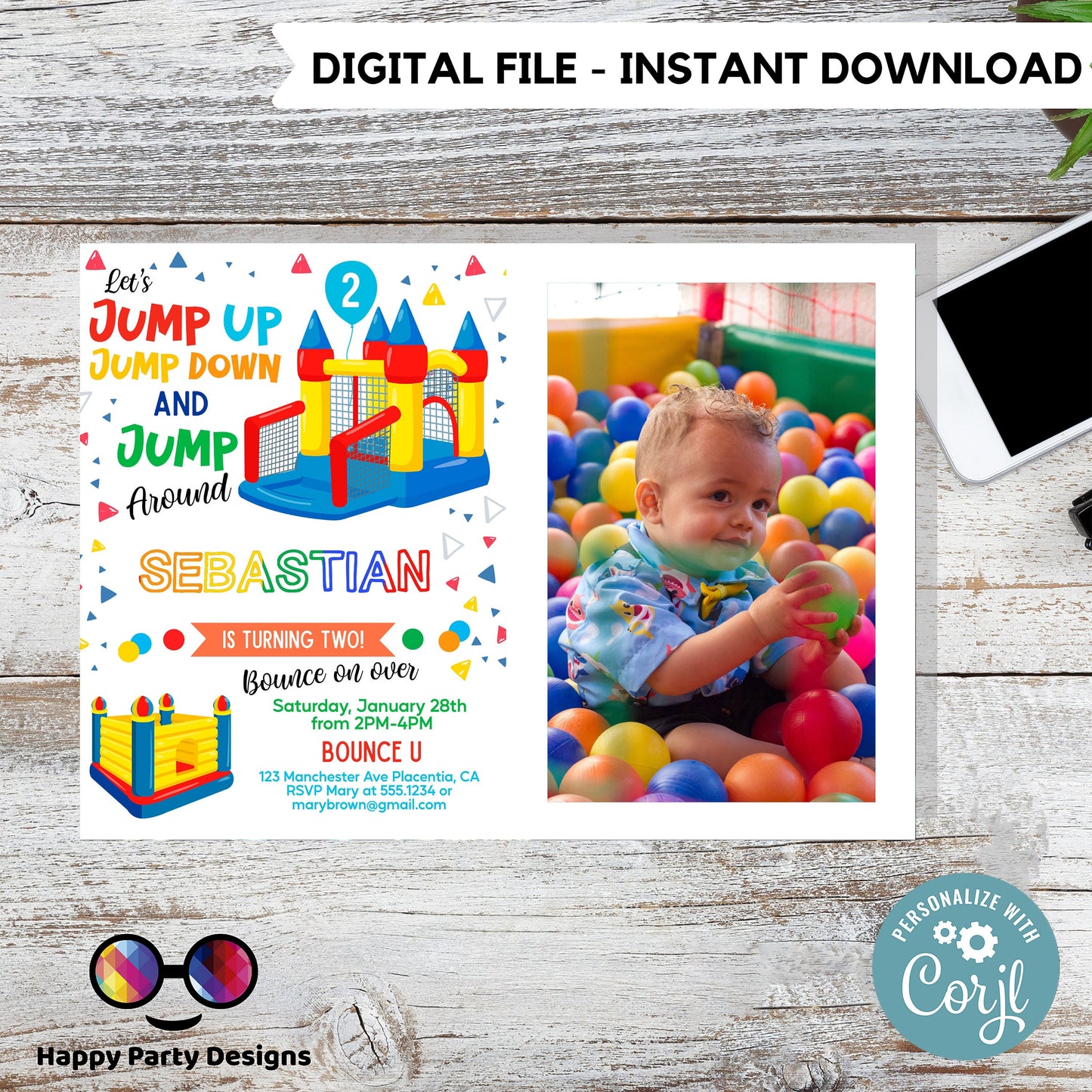 Editable Bounce House photo  invitation | Digital Bounce House invite | Birthday boy | Birthday Party Invitation | Personalize Online #K85