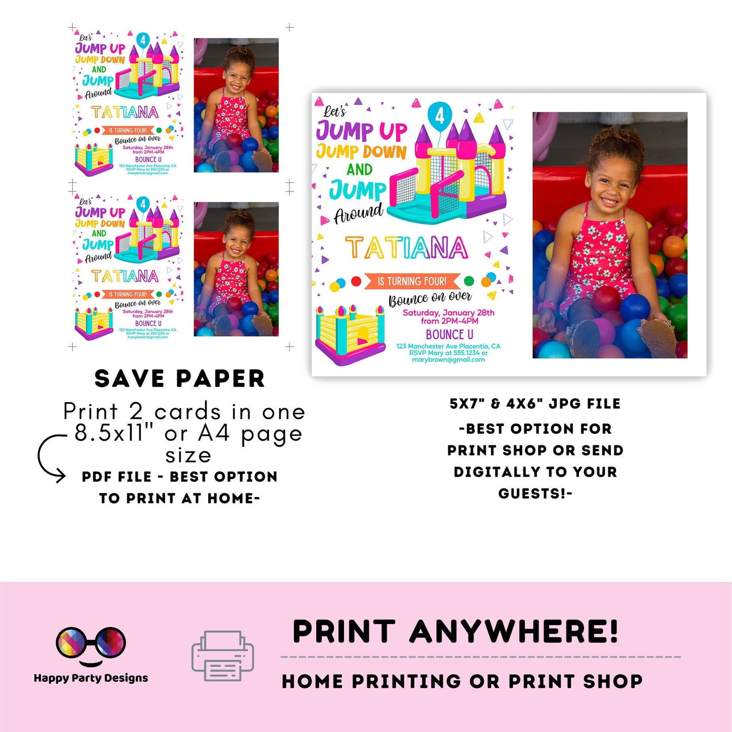 Bounce House photo invitation | Digital Bounce House invite | Birthday Girl | Birthday Party Invitation | Editable Online #K86