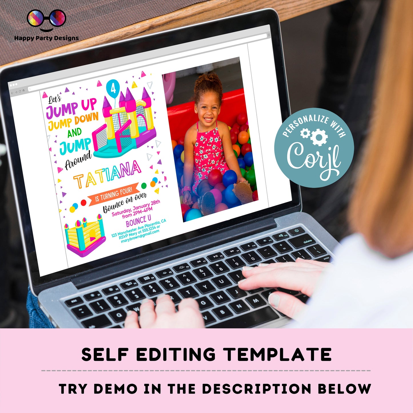 Bounce House photo invitation | Digital Bounce House invite | Birthday Girl | Birthday Party Invitation | Editable Online #K86