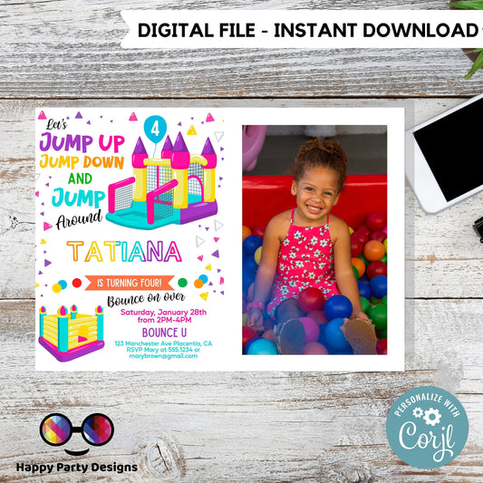 Bounce House photo invitation | Digital Bounce House invite | Birthday Girl | Birthday Party Invitation | Editable Online #K86