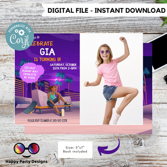 Editable skateboard invitation with picture | Digital skater printable invite | Birthday girl | neon party Personalize Online #K117