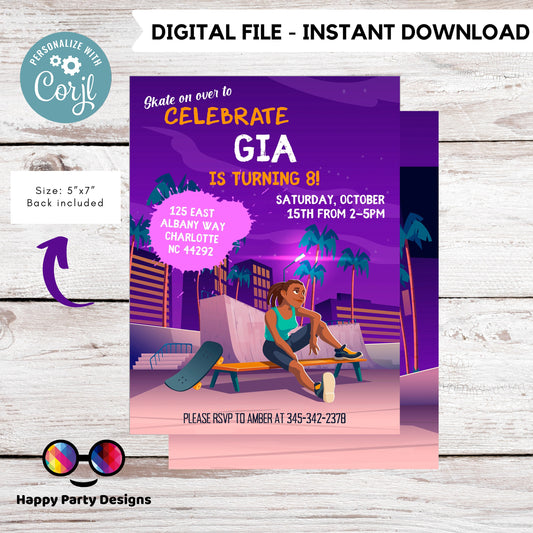 Editable skateboard invitation | Digital skater printable invite | Birthday girl | Graffiti Invitation | neon party Personalize Online #K117