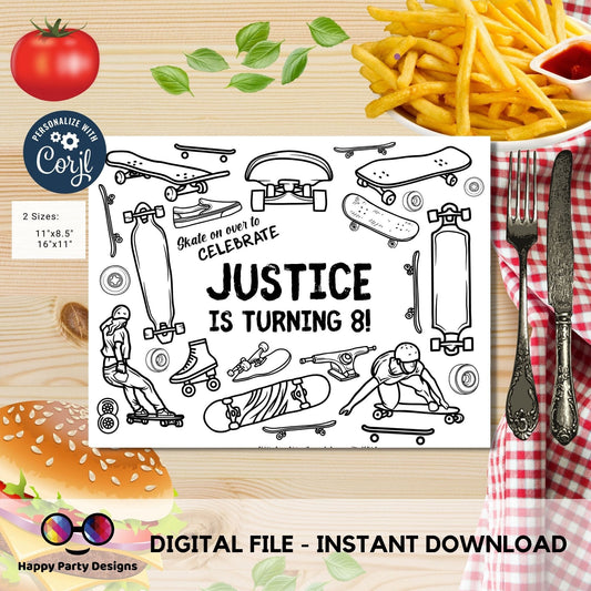 Editable skateboard coloring page | Placemat coloring page | Any Age | skater birthday | skate Party Activity #K117