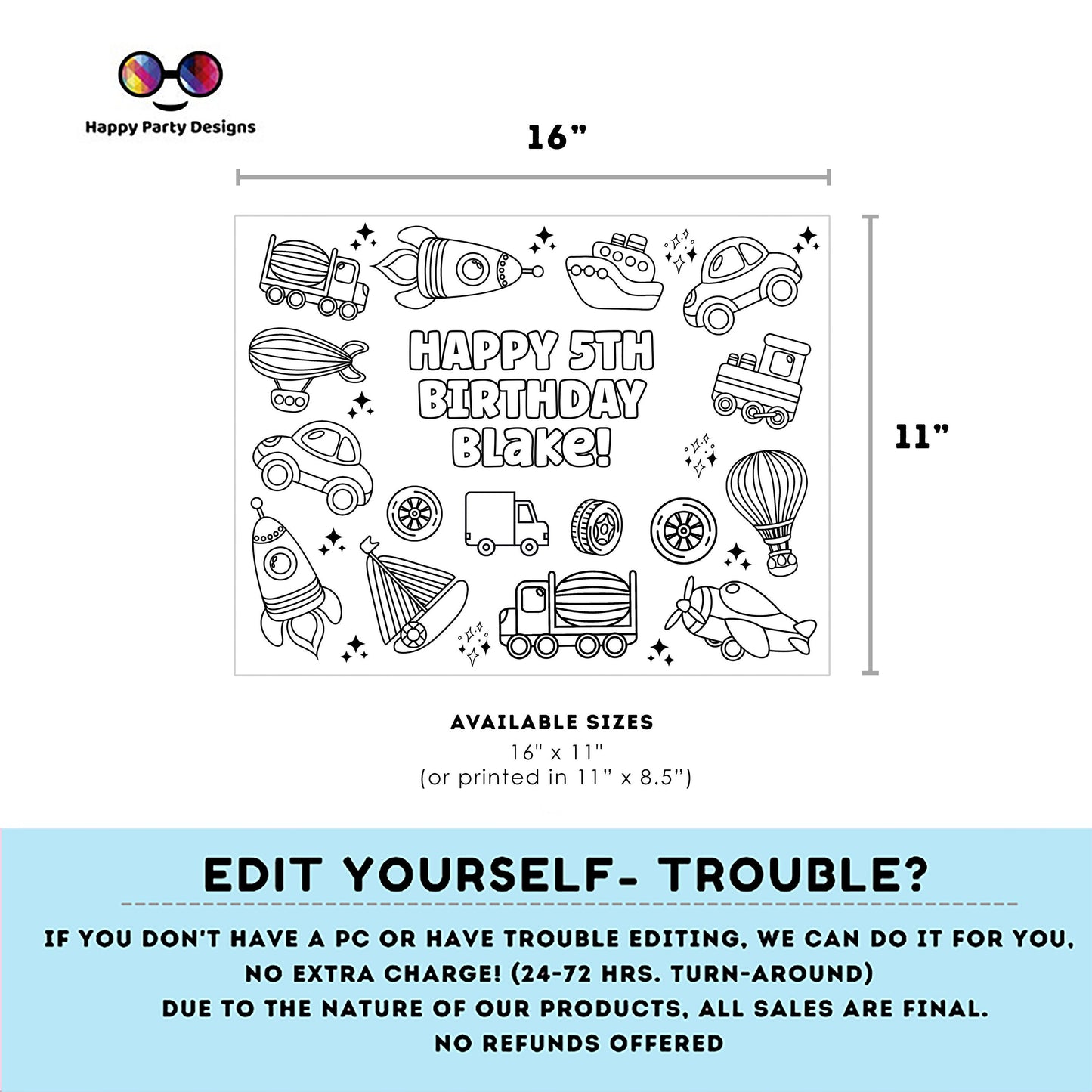 Editable Transportation Vehicles coloring page | Placemat coloring page | Any Age | Vehicles Party | Loot Bag Party Favor #K87