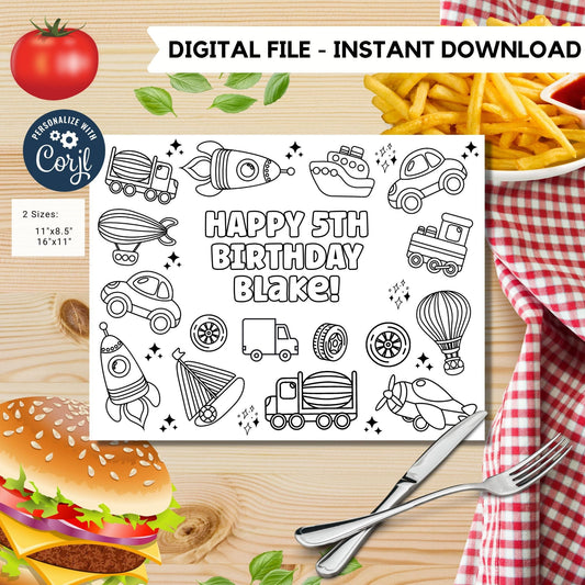 Editable Transportation Vehicles coloring page | Placemat coloring page | Any Age | Vehicles Party | Loot Bag Party Favor #K87