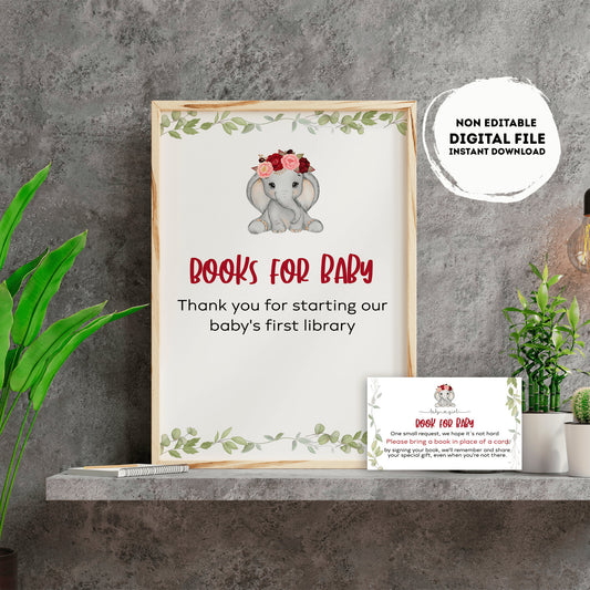 Elephant Books for baby Sign | Instant download | book request | baby girl | baby shower Sign | forest baby shower | burgundy  #B14