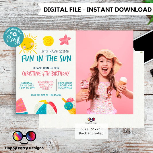editable fun in the sun birthday invitation template  with photo | Pool Party Invitation | Summer | Any Event! | Beach or Pool #K118