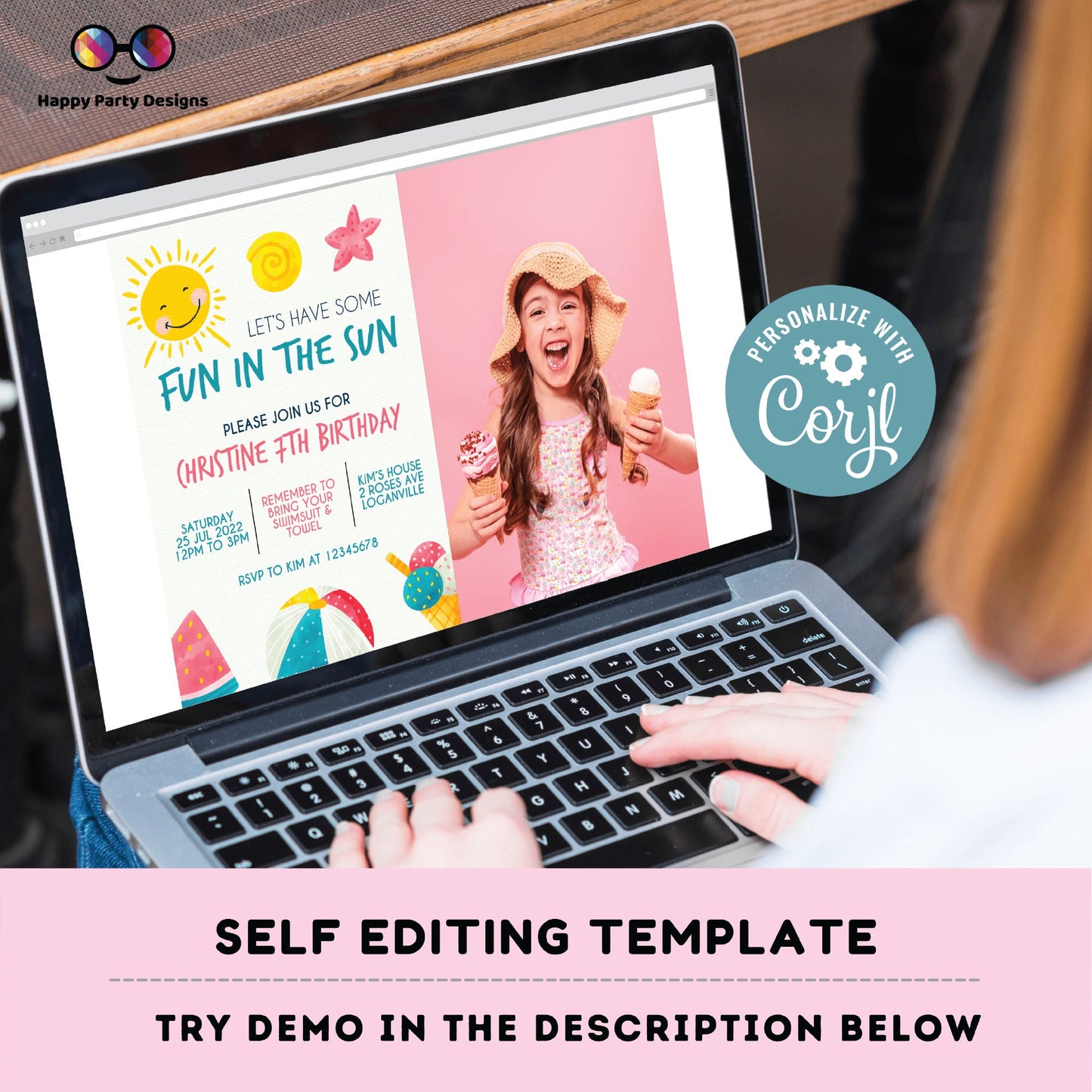 editable fun in the sun birthday invitation template  with photo | Pool Party Invitation | Summer | Any Event! | Beach or Pool #K118