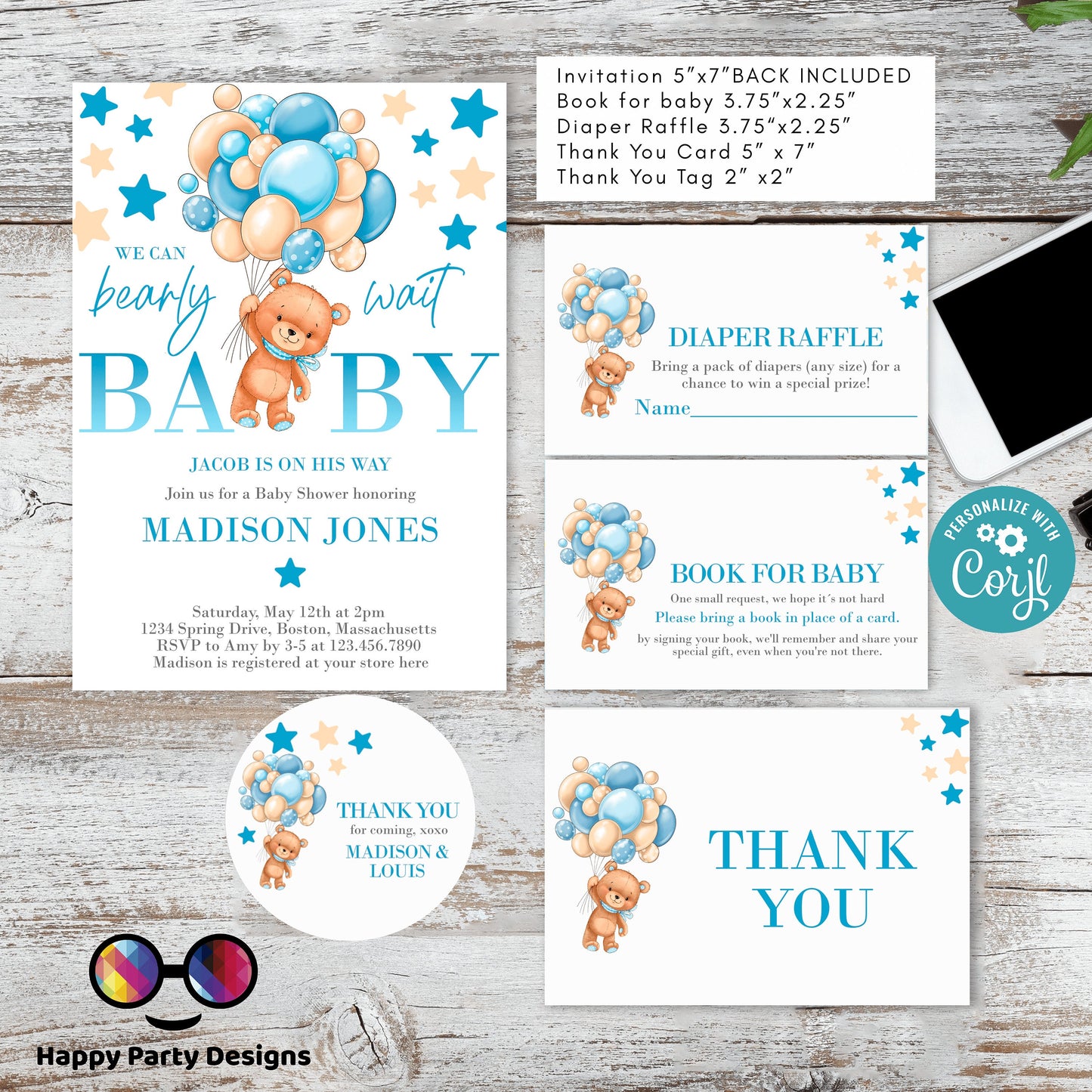 Bearly Wait Baby Shower Invitation bundle | blue Teddy bear baby shower invitation template | teddy bear with balloons bundle | Shower #B22