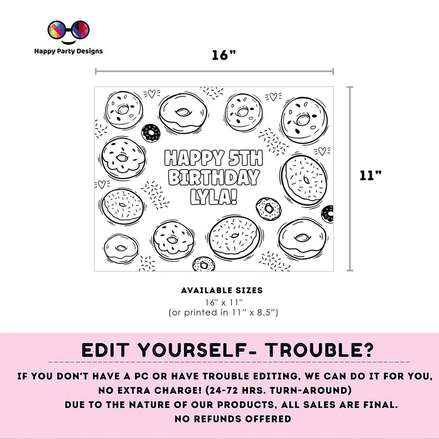 Editable Donuts coloring page | Donuts coloring page | Any Age | Cute Donut party | Donut Miss the Party - PArty  Activity #K34