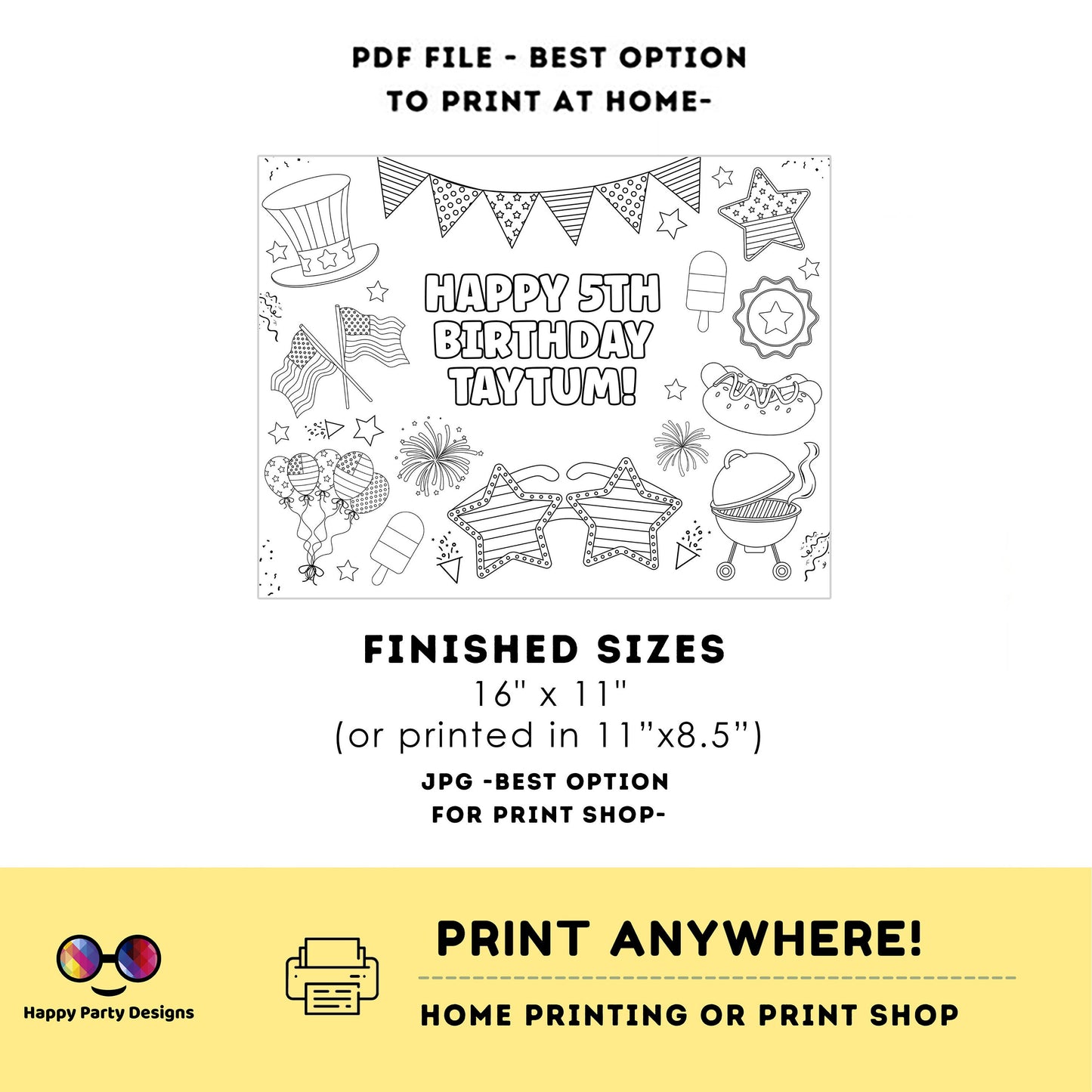 Editable 4th July coloring page | 4th July Placemat coloring page | Any Age | Independence Day Party Activity |  #K90