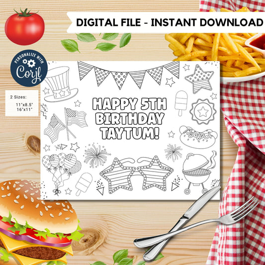 Editable 4th July coloring page | 4th July Placemat coloring page | Any Age | Independence Day Party Activity |  #K90