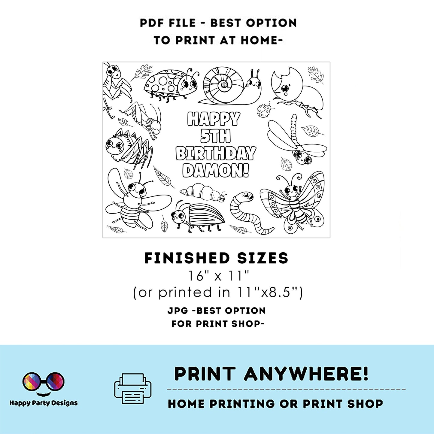 Editable Bugs coloring page | Placemat coloring page | Any Age | Bugs birthday party | Bugs and Insects Party Activity  #K49