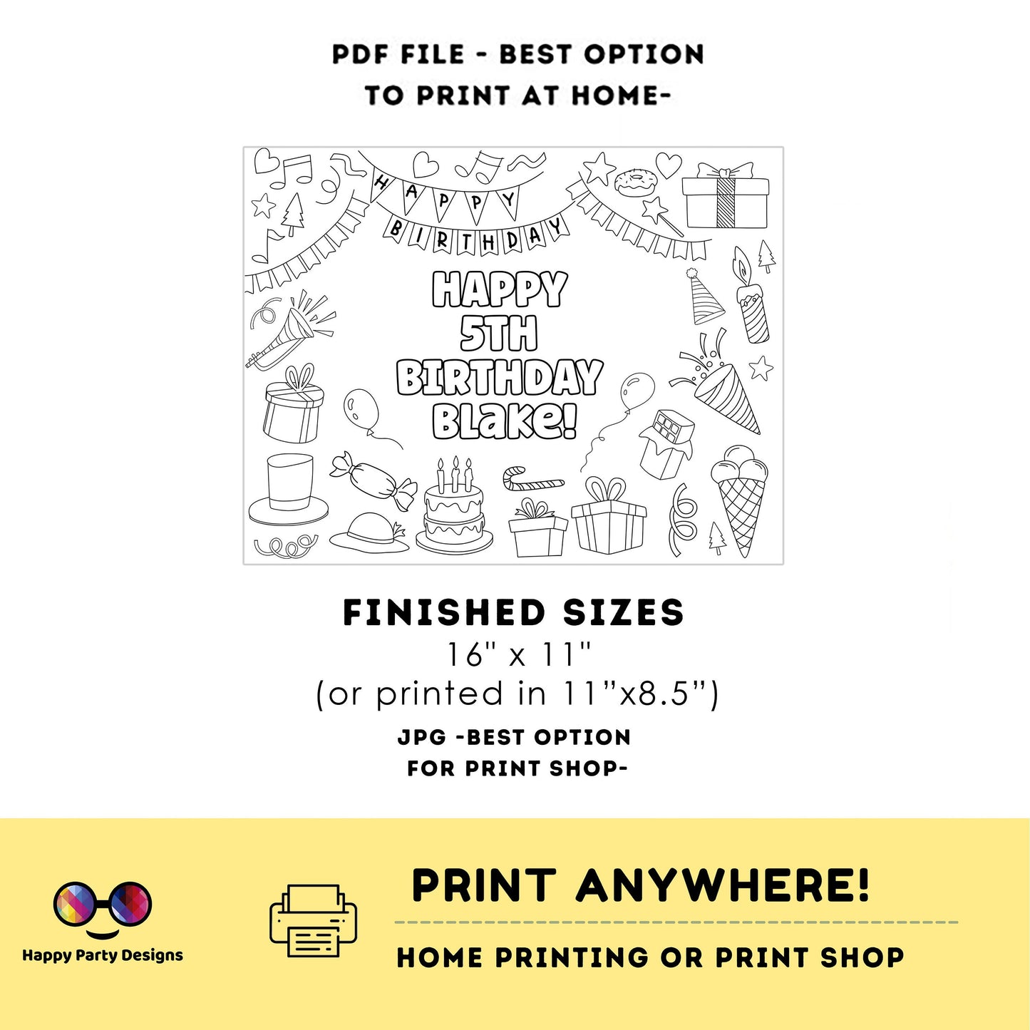 Editable Happy Birthday coloring page | Placemat coloring page | Any Age | Happy birthday placemat | Party Activity | Party favors #K126