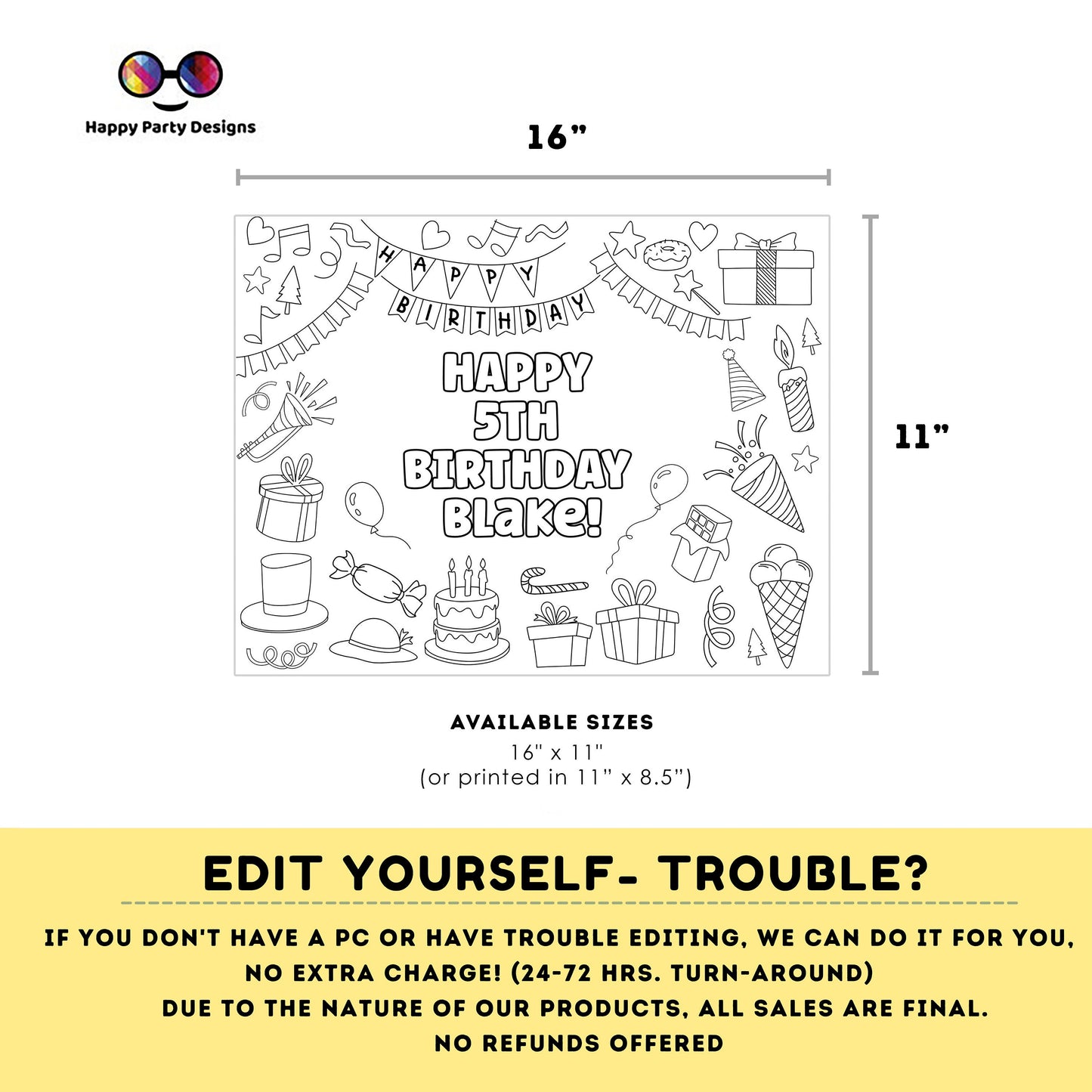 Editable Happy Birthday coloring page | Placemat coloring page | Any Age | Happy birthday placemat | Party Activity | Party favors #K126