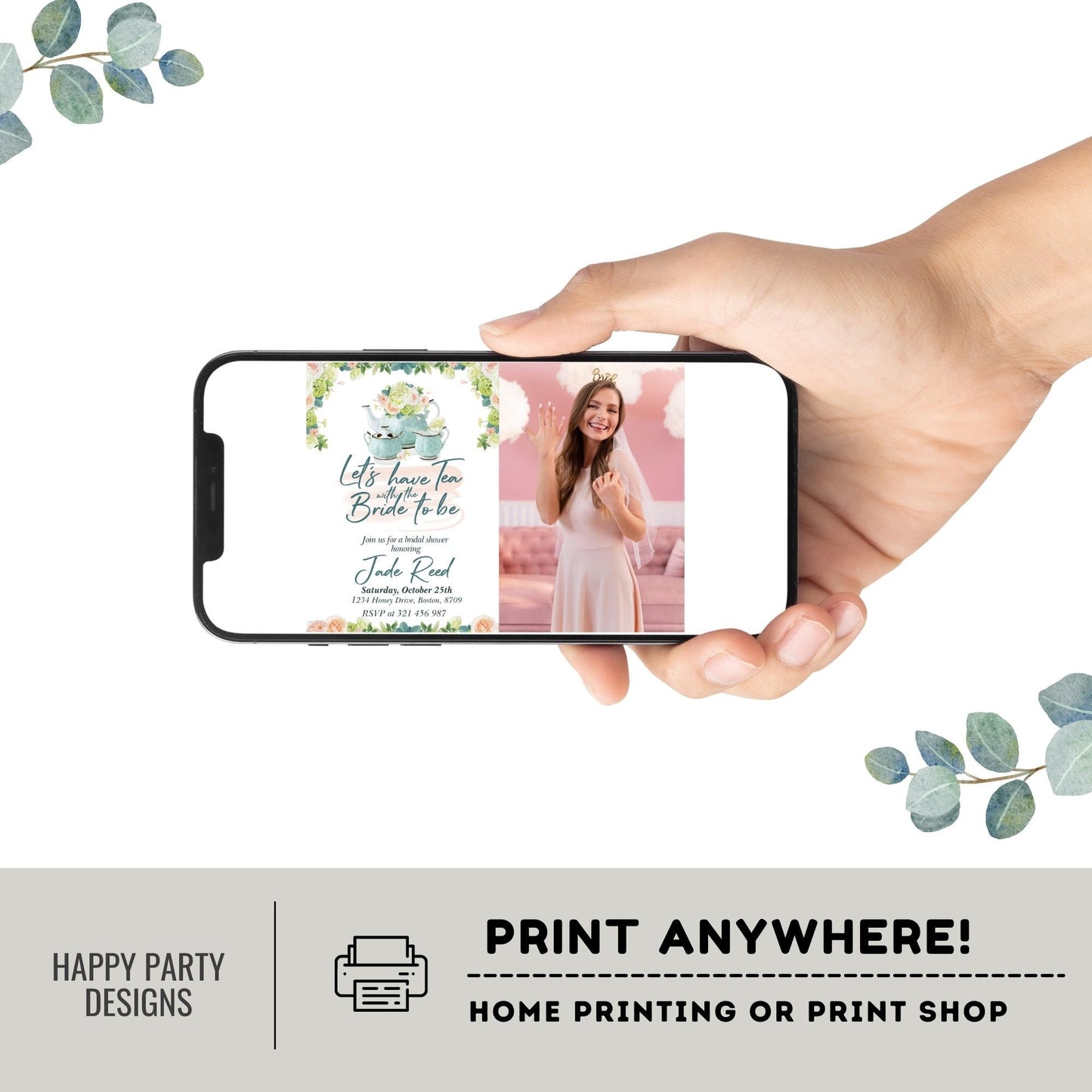 Bridal Shower Tea Party Invitation Template with photo | Printable Bridal Tea Shower Invite | Bridal Brunch | Bridal shower template #W1