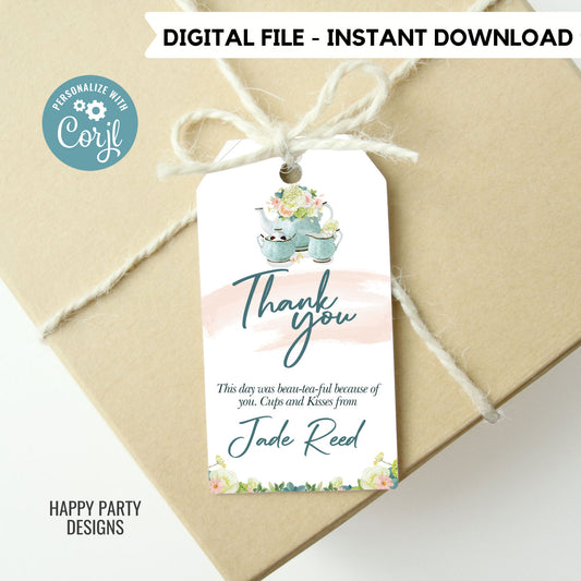 Editable tea party thank you tag | birthday |  baby shower | bachelorette | Thank you tag | Gift Tag | Template | Baby girl | Favor tag #W1