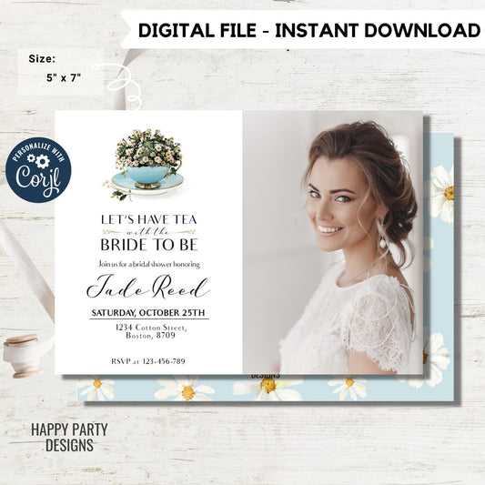 Bridal Shower Tea Party Invitation Template with photo | Printable Bridal Tea Shower Invite | Bridal Brunch | minimalist Bridal shower #W2
