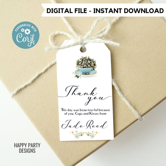 Editable tea party thank you tag | birthday |  baby shower | bachelorette | Thank you tag | Gift Tag | Template | Baby girl | Favor tag #W2