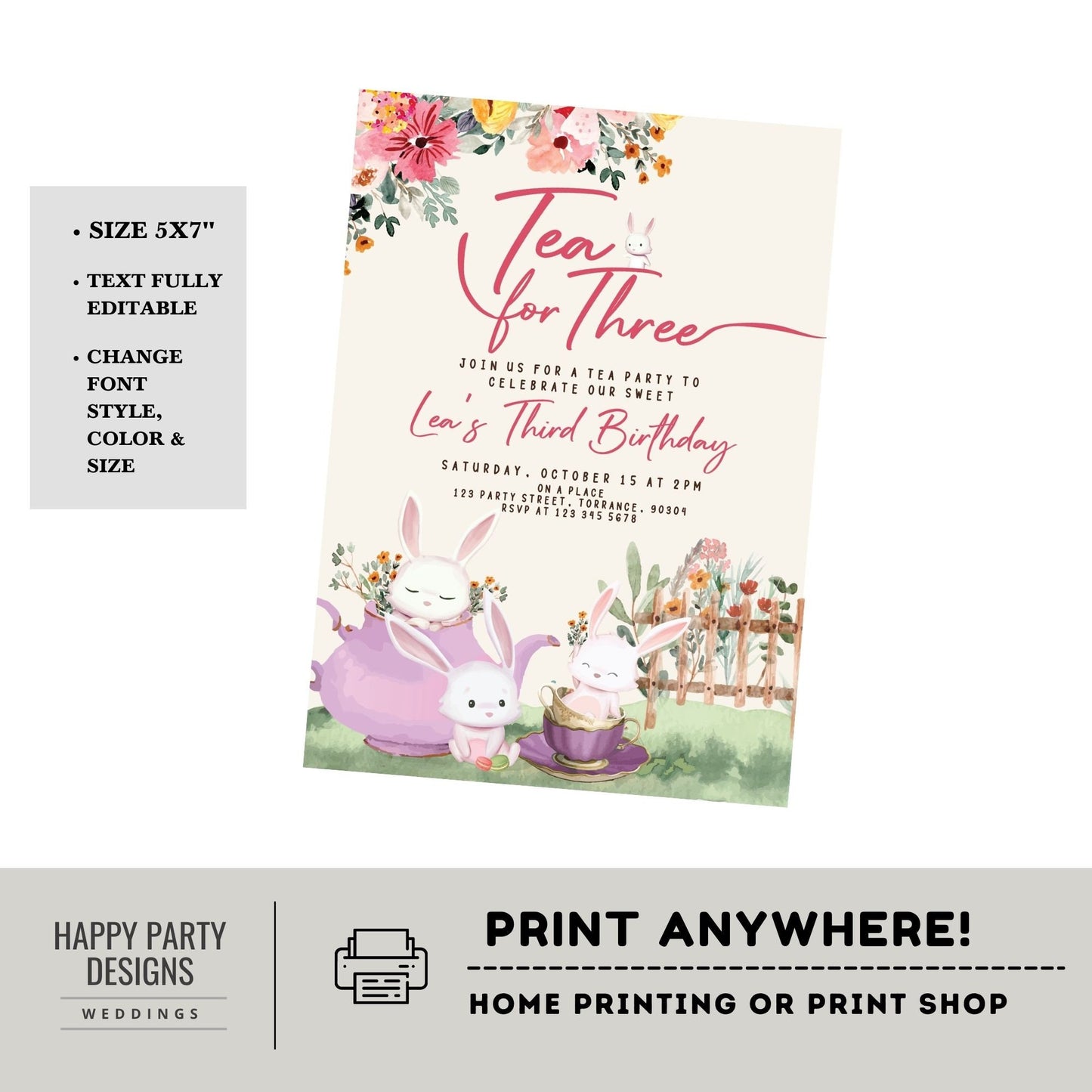 Tea for three Invitation | tea party Invite | 3 year-old Invitation | flowered tea party | 3rd birthday | birthday girl #K120