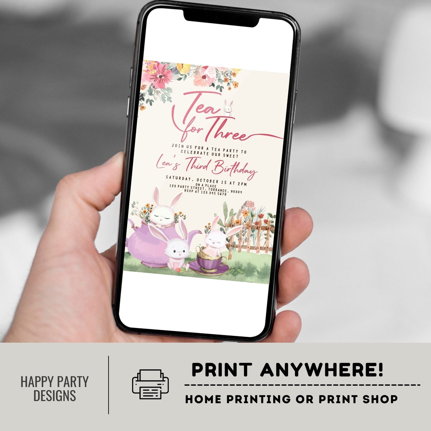 Tea for three Invitation | tea party Invite | 3 year-old Invitation | flowered tea party | 3rd birthday | birthday girl #K120