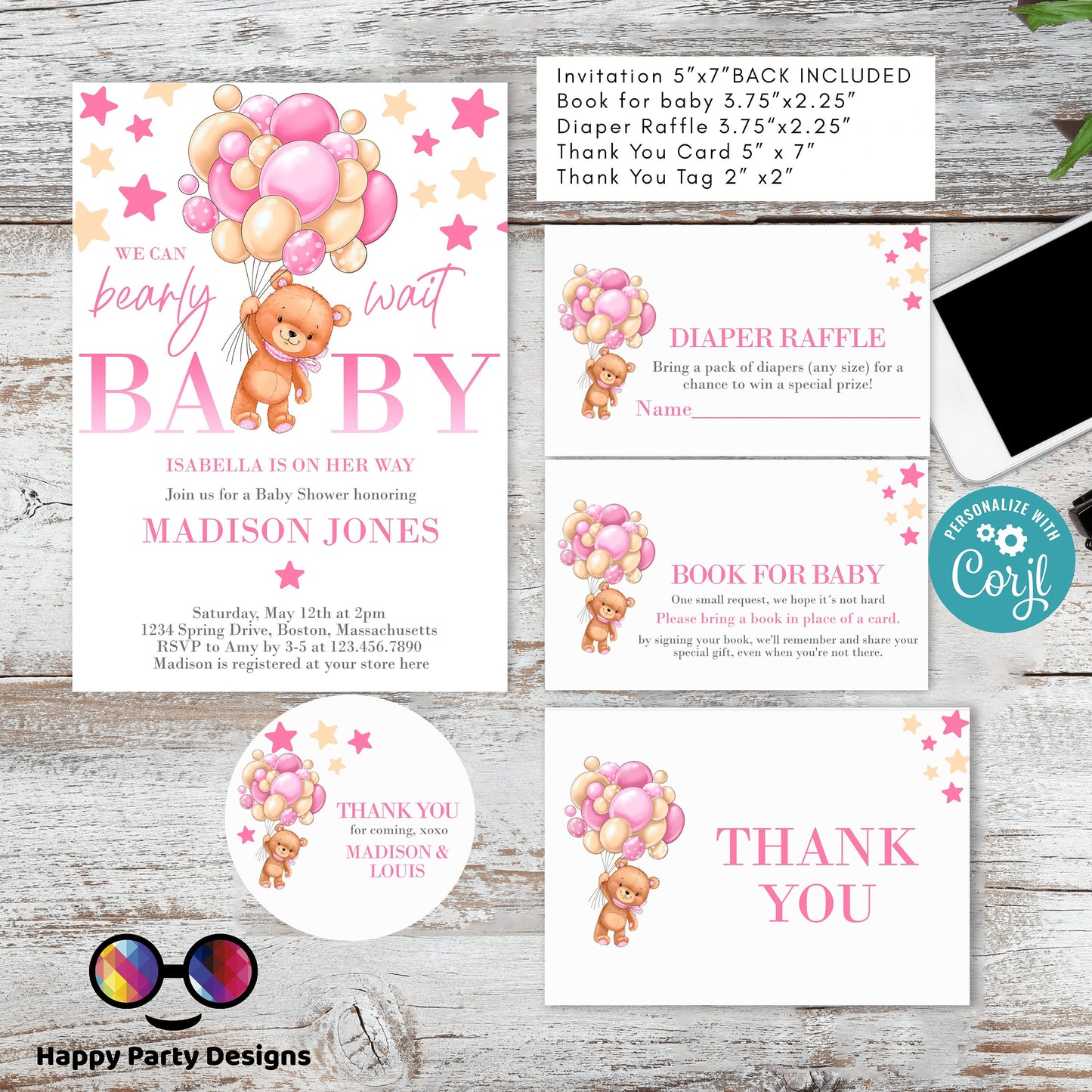 Bearly Wait Baby Shower Invitation bundle | pink Teddy bear baby shower invitation template | teddy bear with balloons bundle | Shower #B21