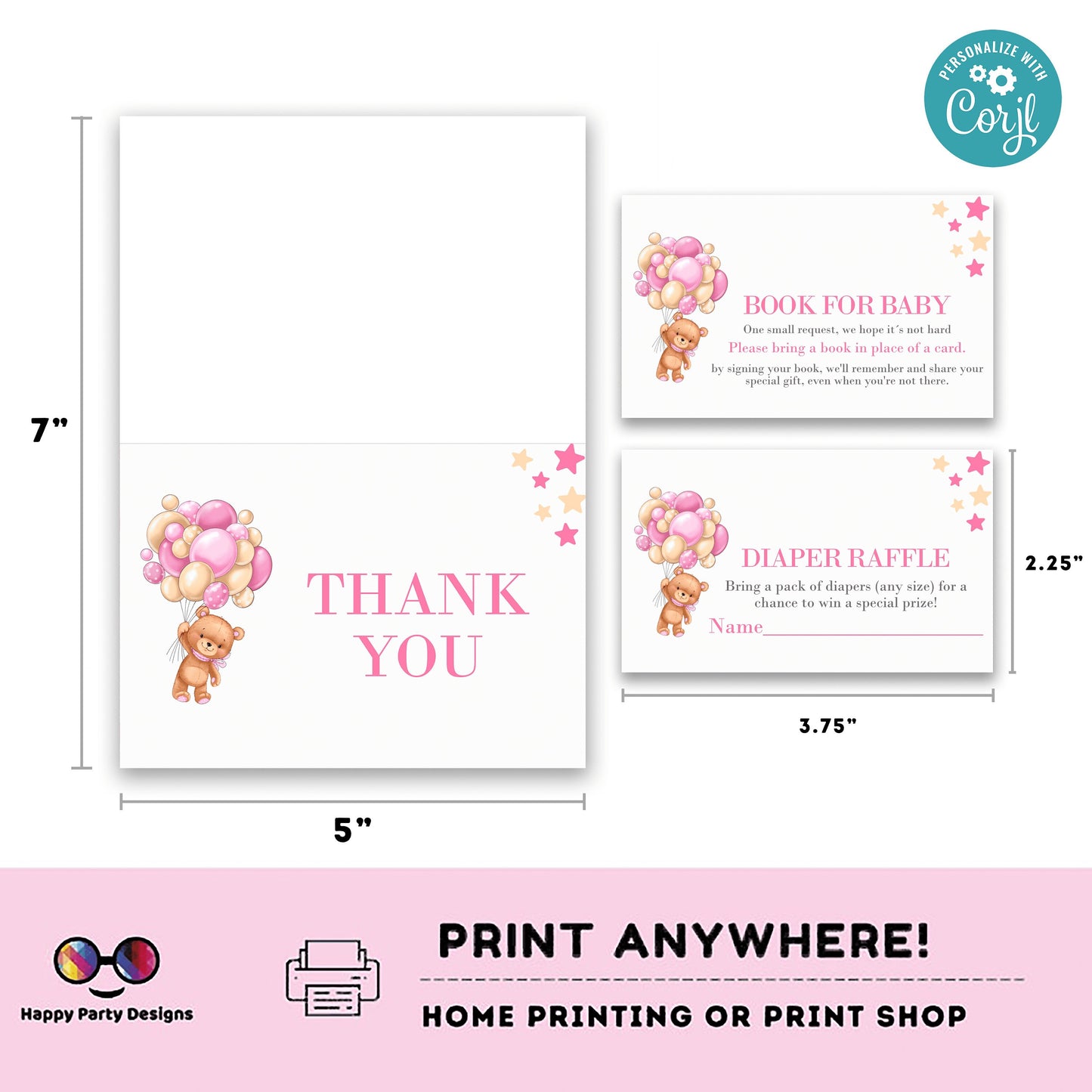 Bearly Wait Baby Shower Invitation bundle | pink Teddy bear baby shower invitation template | teddy bear with balloons bundle | Shower #B21
