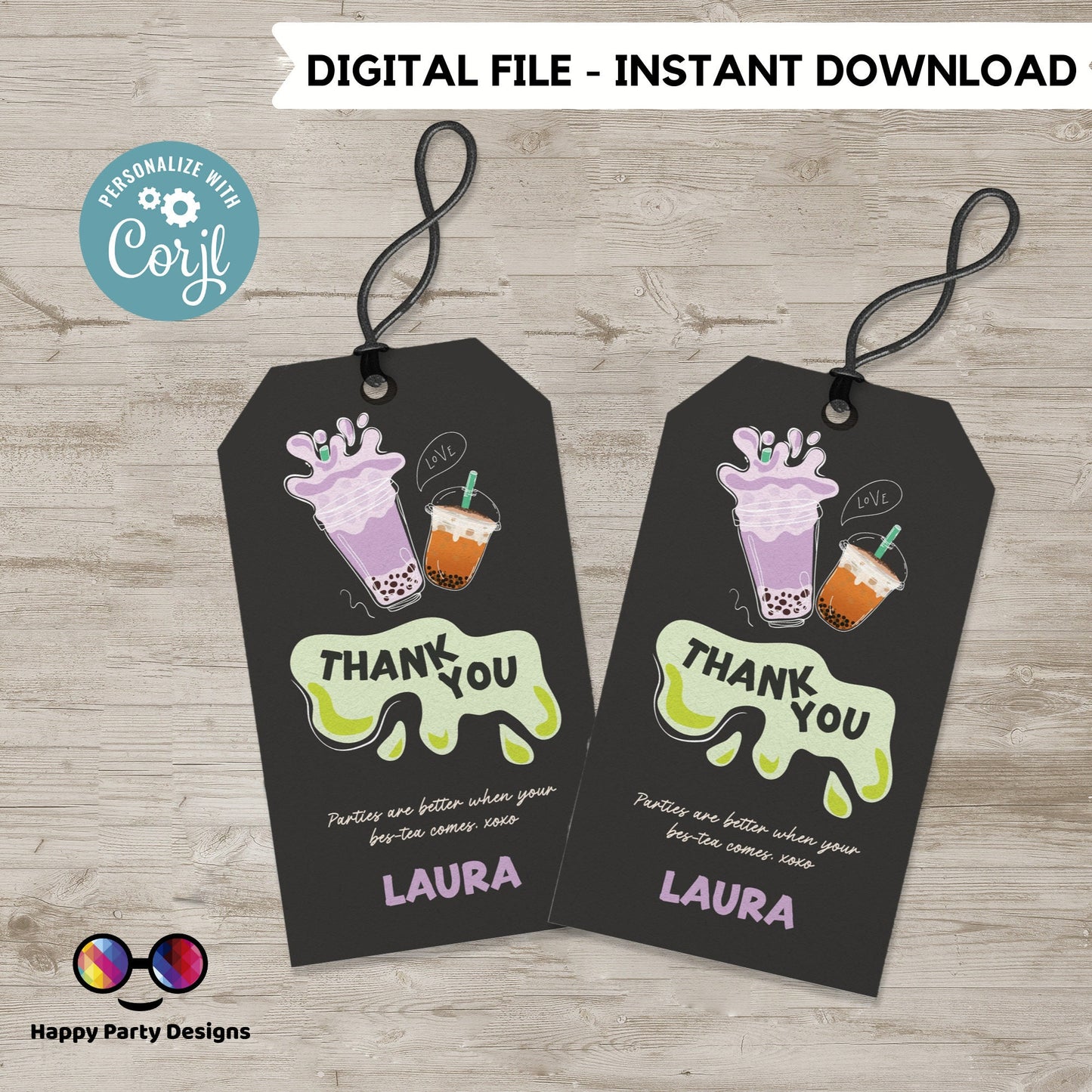 Editable boba tea Thank you tag | Digital tea party printable thank you tag  | Birthday girl | Par-tea Thank You | Personalize Online #K121